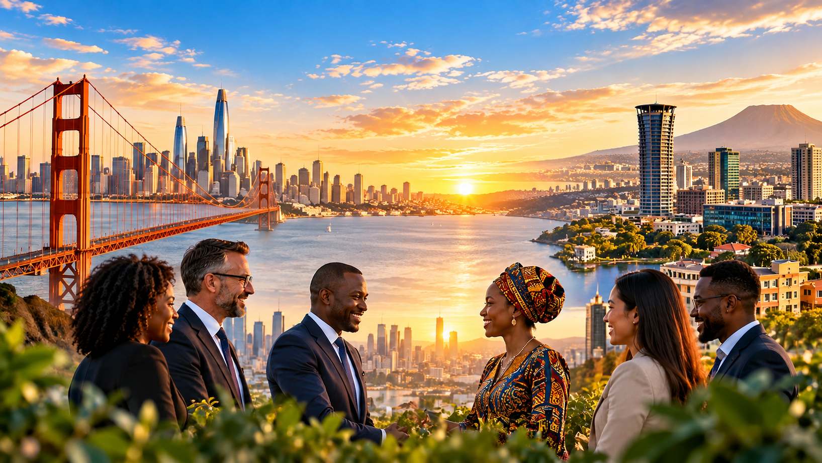 San Francisco skyline and Golden Gate Bridge with African continent silhouette and business handshake